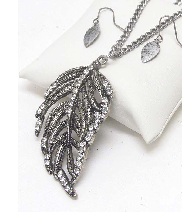 Crystal deco vintage leaf pendant long necklace earring set