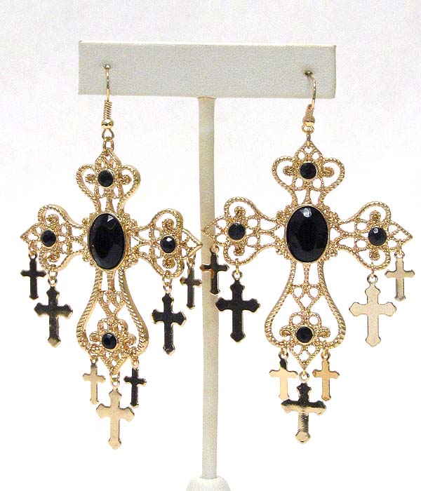 Crystal and metal filigree cross drop earring