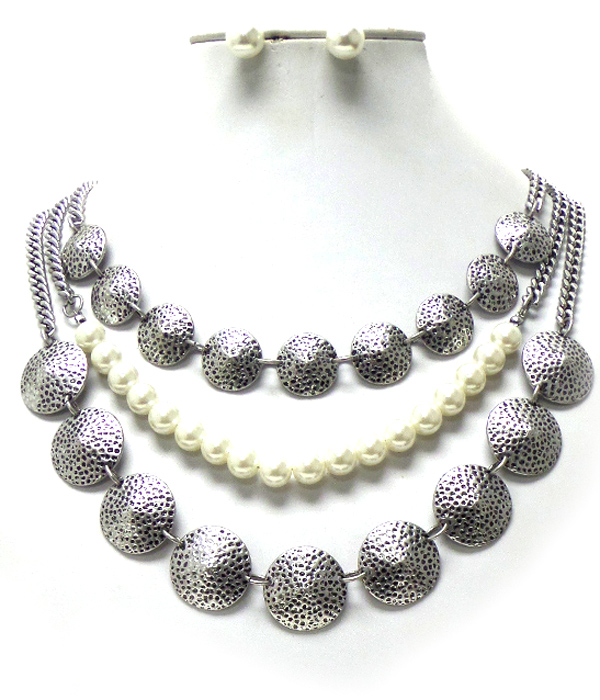 Three layer burnish silver with pearls necklace set