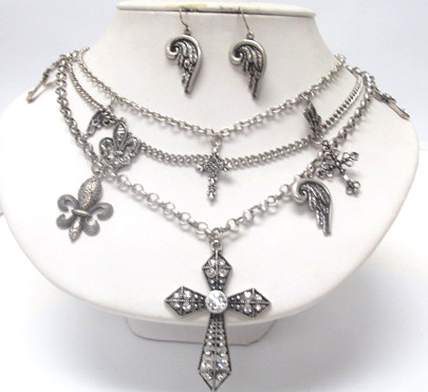 Multi crystal on metal cross on side multi metal small cross and fluer de lis wings dangles drop long multi chain necklace earring set 