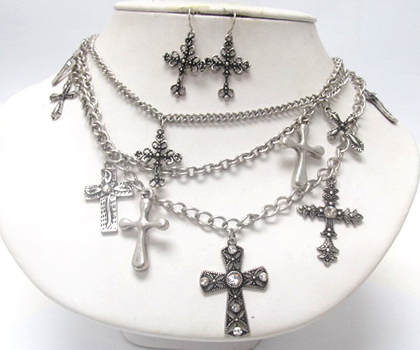 Multi fashion crystal cross dangle and multi chain long chain necklace earring set