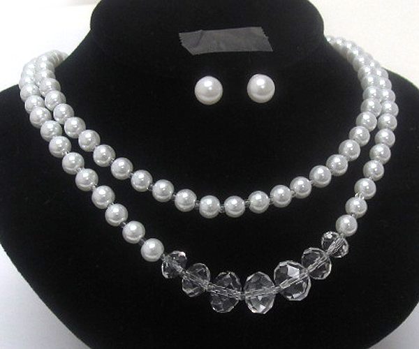 Double line pearls with crystal glass drop necklace earring set