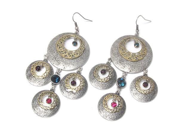 Textured multi disk and crystal dangle drop earring