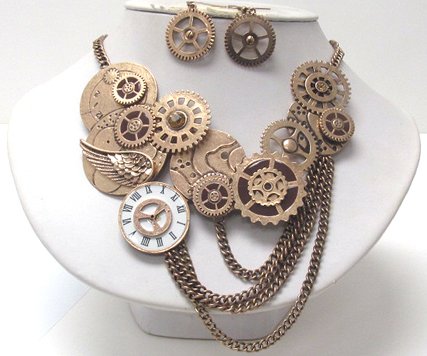 Multi toothed wheel and chain drop vintage necklace earring set