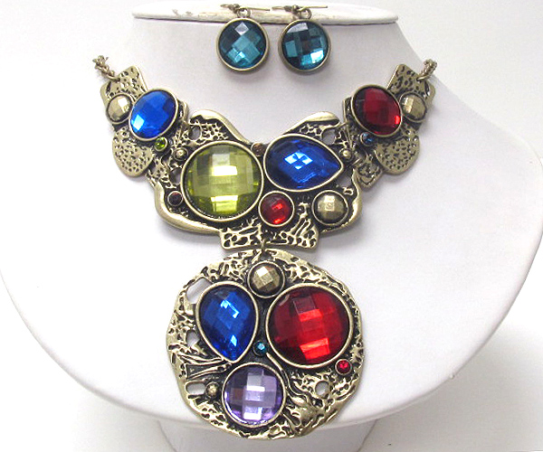 Crystal and acrylic stone deco vintage style necklace earring set