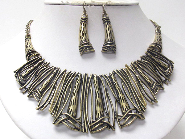 Textured multi metal bar link vintage style necklace earring set