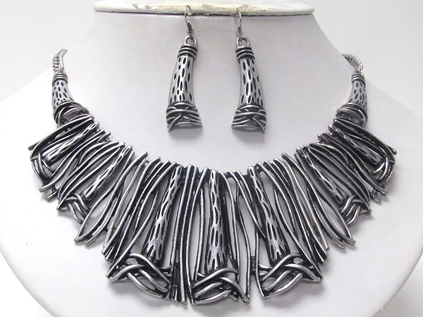 Textured multi metal bar link vintage style necklace earring set