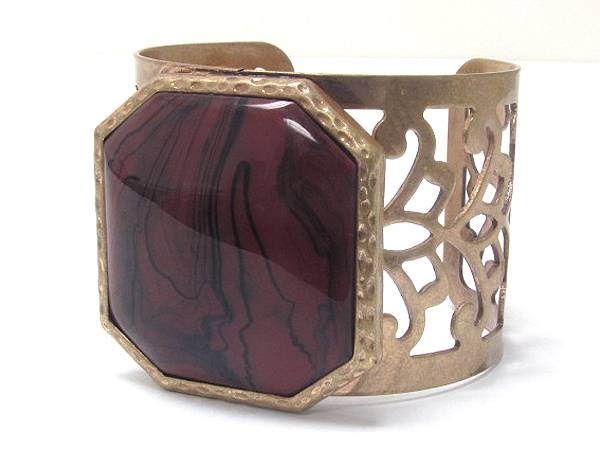 Large stone and metal filigree adjustable bangle bracelet