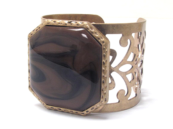 Large stone and metal filigree adjustable bangle bracelet