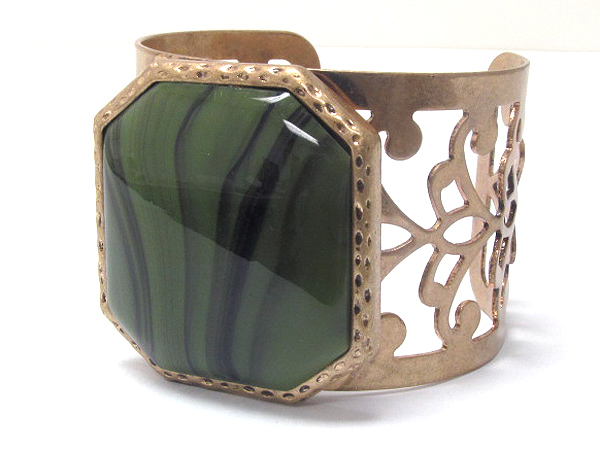 Large stone and metal filigree adjustable bangle bracelet