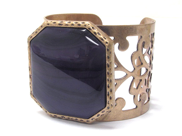 Large stone and metal filigree adjustable bangle bracelet