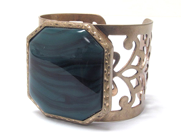 Large stone and metal filigree adjustable bangle bracelet