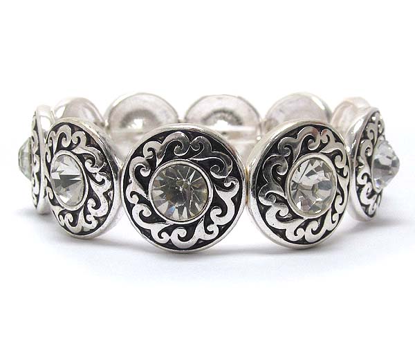 Multi round texture metal with facet glass stretch bracelet