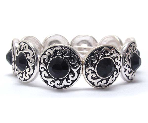 Multi round texture metal with facet glass stretch bracelet