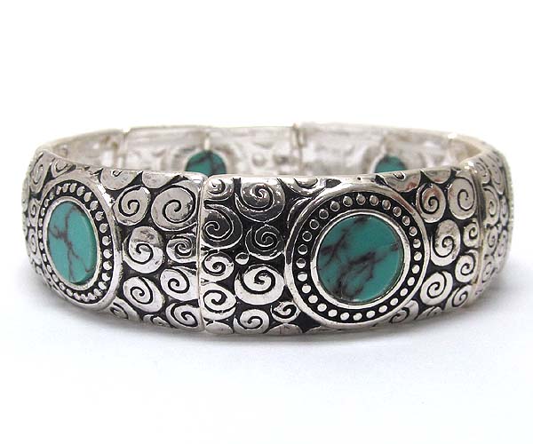 Multi metal texture rectangle with round acryl stone stretch bracelet