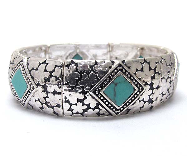 Multi metal flower texture rectangle with square acryl stone stretch bracelet