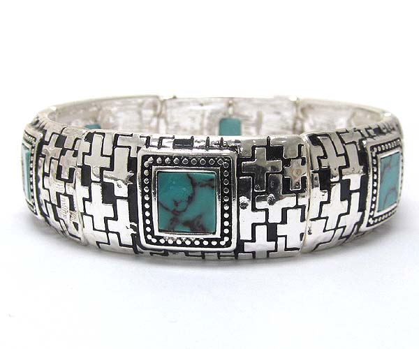 Multi metal cross texture rectangle with square acryl stone stretch bracelet