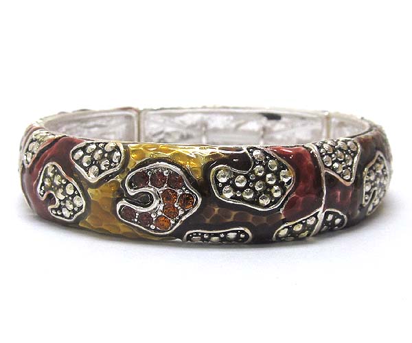 Multi hammered metal and print crystal horse shoe stretch bracelet