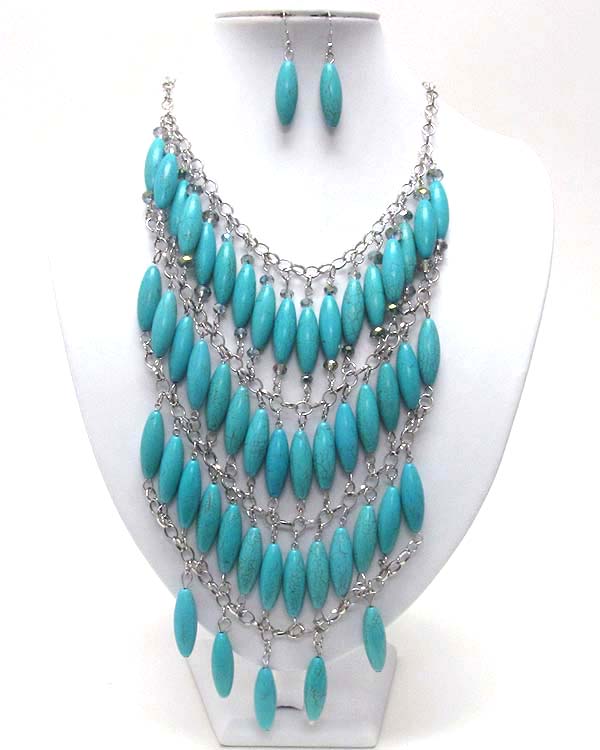 Multi turquoise arrowhead stone with crystal linked bib necklace earring set