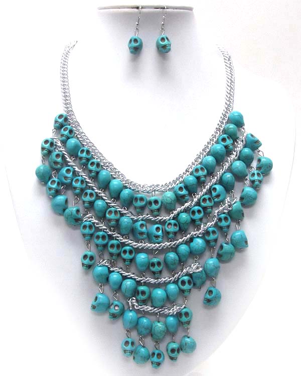 Multi turquoise  skull head linked bib necklace earring set