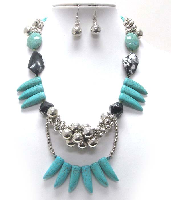 Multi metal ball with turquoise  stone tusk necklace earring set