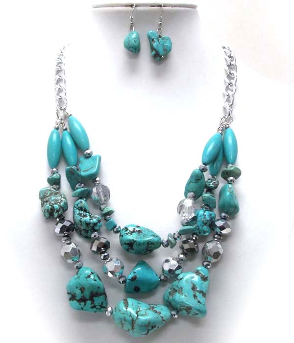 Three row chunky stone and metal hammered balls with crystal glass chain necklace earring set