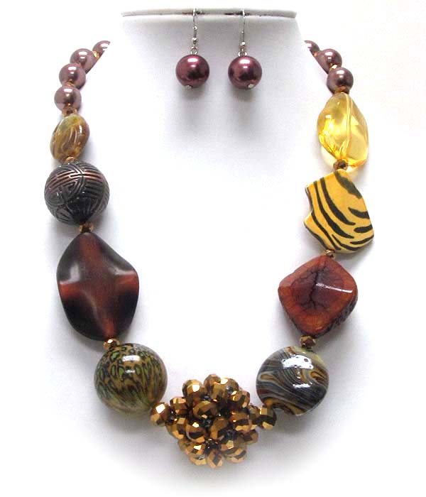 Animal print mix wood with pearls and crystal ball chain necklace earring set