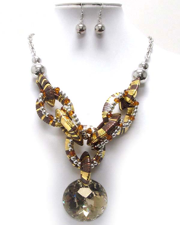 Multi crystal glass and metal balls and ring snake chain drop round facet glass pendant necklace earring set