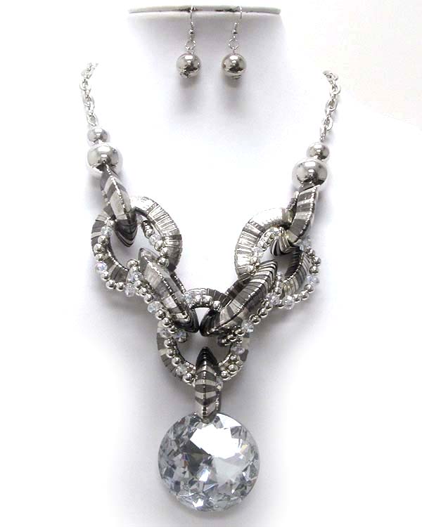 Multi crystal glass and metal balls and ring snake chain drop round facet glass pendant necklace earring set