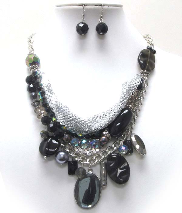 Multi mix acrylic stone with metal hammered ball and crystal with mesh back necklace earring set