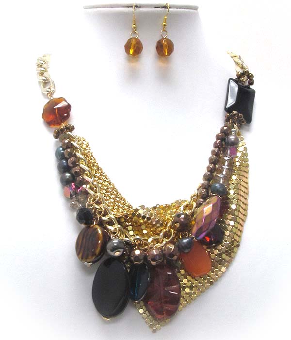 Multi mix acrylic stone with metal hammered ball and crystal with mesh back necklace earring set