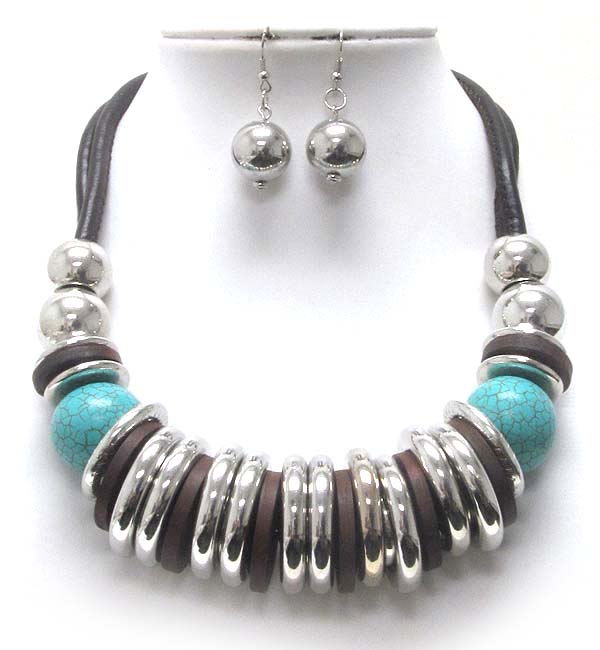 Two cord and multi metal ring and wood with metal ball and stone ball necklace earring set