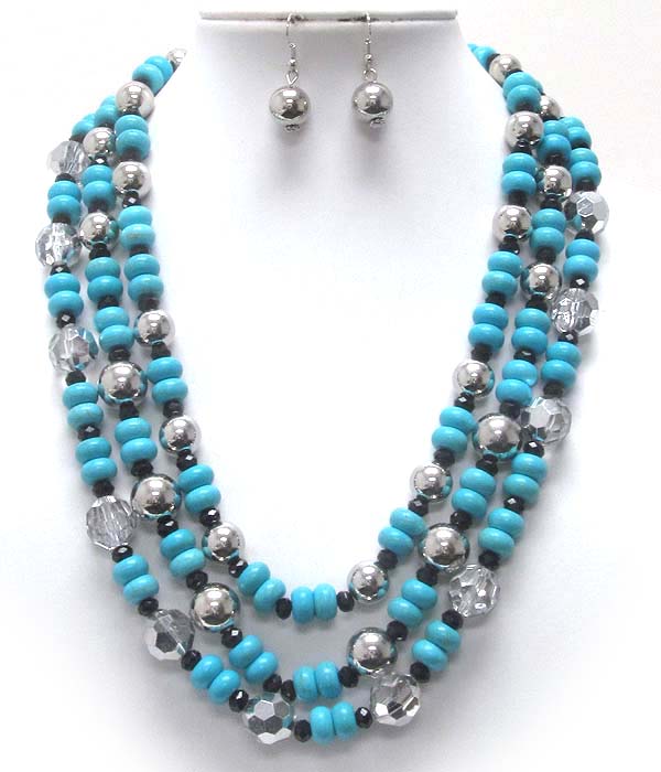 Three row small dounut stone  and metal hammered balls with crystal glass long necklace earring set