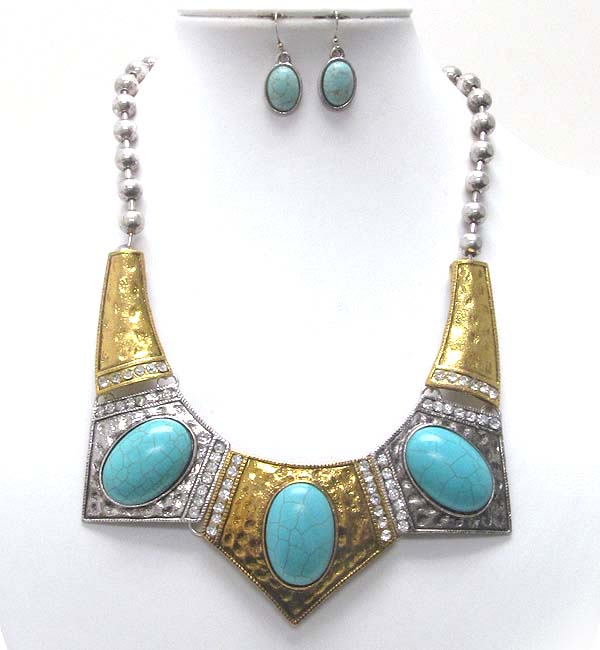 Crystal and turquoise stone deco  hammered metal half choker necklace earring set