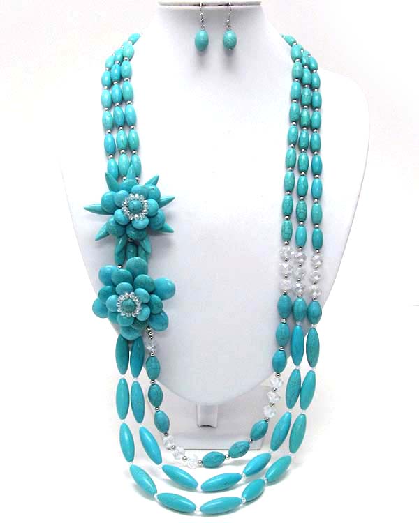 Three row turquoise  stone with crystal stud flower corsage long chan necklace earring set