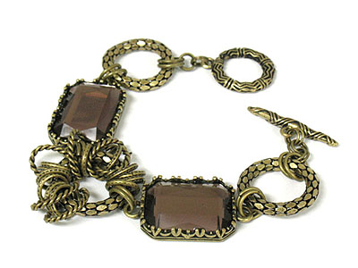 Acrylic charm and snake skin metal ring chain toggle bracelet