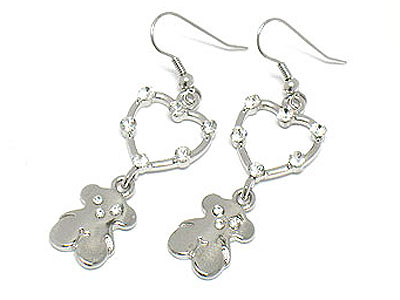 Made in korea whitegold plating dangling heart and bear earring