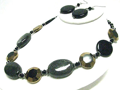 Facet metal and ceramic disk link necklace earring set