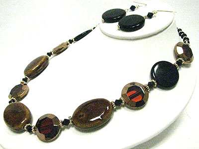 Facet metal and ceramic disk link necklace earring set