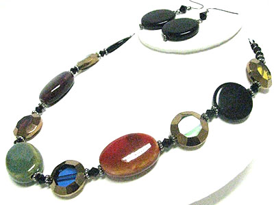 Facet metal and ceramic disk link necklace earring set