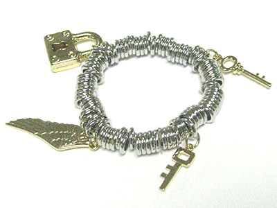 Key and lock and wing charm metal stretch bracelet