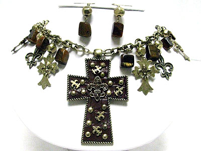 Crystal and patina metal fleur de lis cross pendant and natural stone drop necklace set