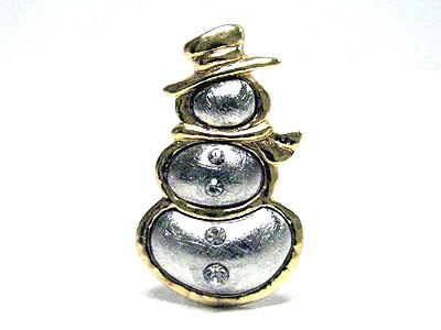 Crystal stud scratch metal christmas snowman brooch - brass metal