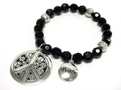 Peace mark charm facet glass beads stretch bracelet