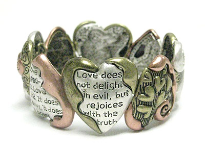 Tri tone metal bible message heart stretch bracelet