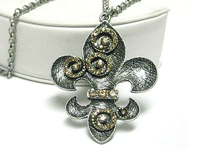 Crystal stud scratch metal fleur de lis pendant long chain necklace