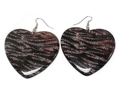 Epoxy cover sparkled zebra pattern large heart earring 