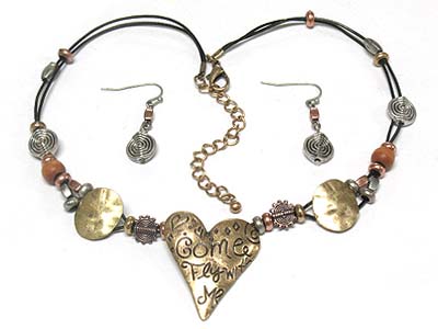 Metal message heart and round disk double cords necklace and earring set 