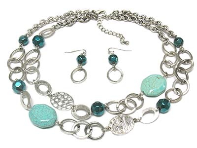 Natural stone and facet cut acryl beads metal double chain necklace and earring set 