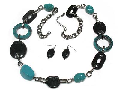 Multi shape acryl stone long necklace and earring set